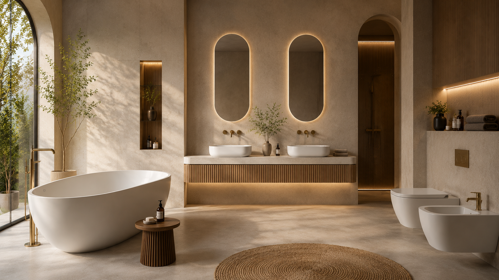 Home 3 Yubath warm beige bathroom with twin oval mirrors, freestanding tub and bidet
