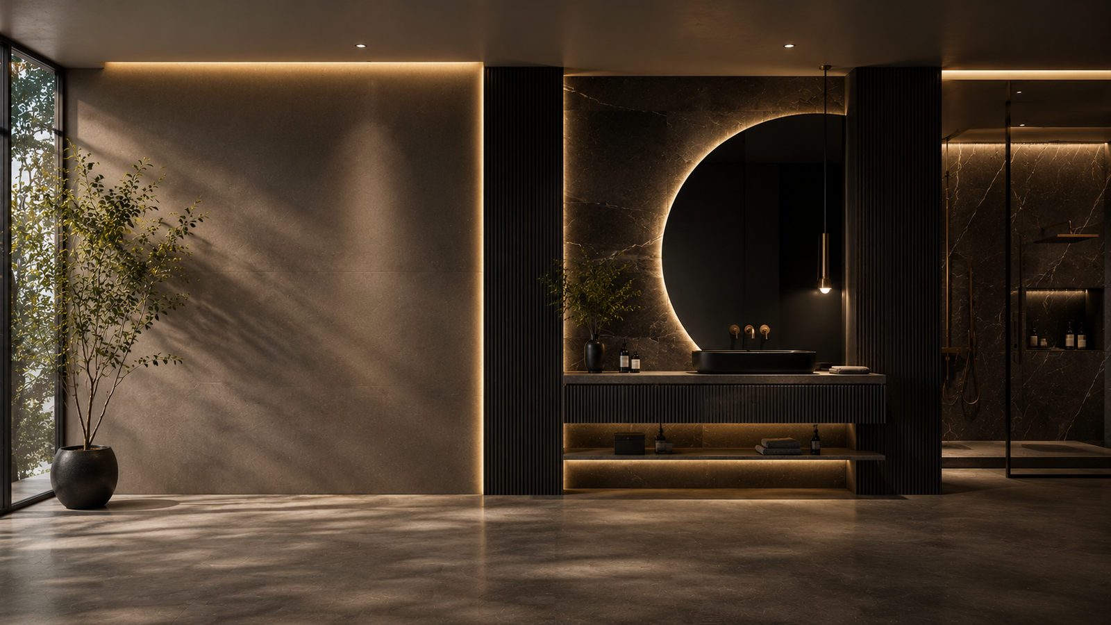Home 2 Yubath dark stone bathroom with crescent backlit mirror and ribbed wood paneling