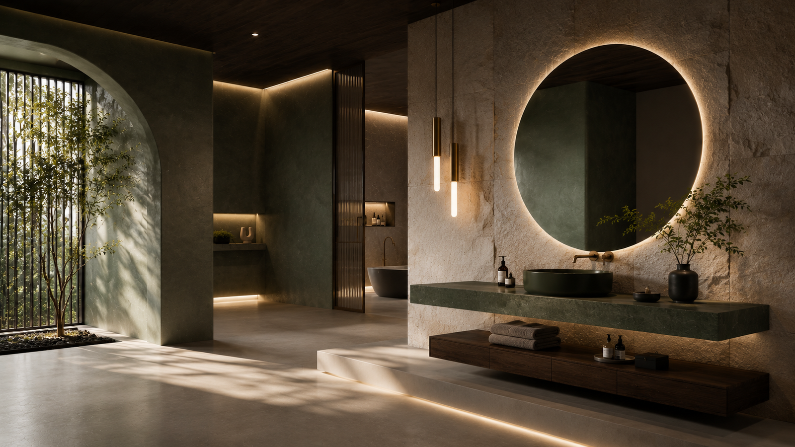 Home 1 Yubath green marble bathroom with floating vanity and backlit round mirror